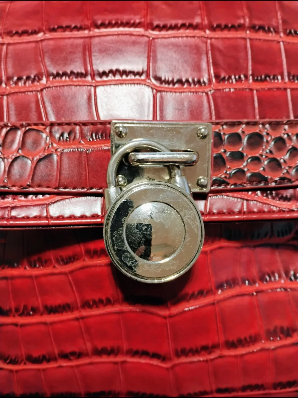 Red Croc-Embossed  Faux Leather Crossbody Bag with Floral Scarf